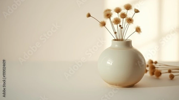 Fototapeta A simple white vase filled with dried wildflowers sits on a plain white surface, bathed in soft natural light.