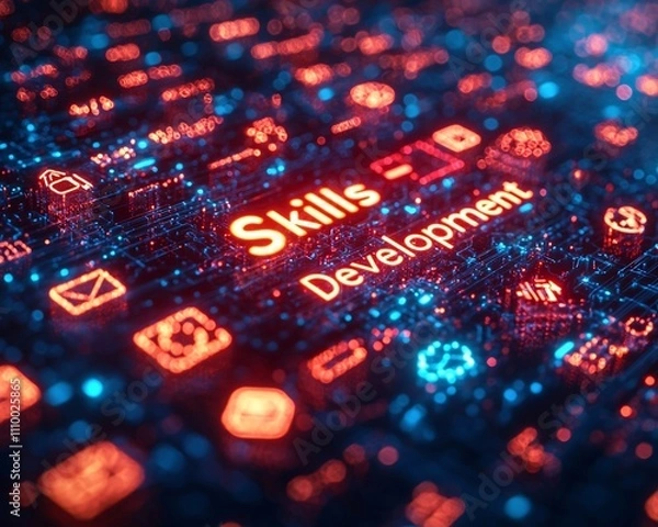 Fototapeta Digital Screen Showcasing Skills Development Progress with Glowing Icons