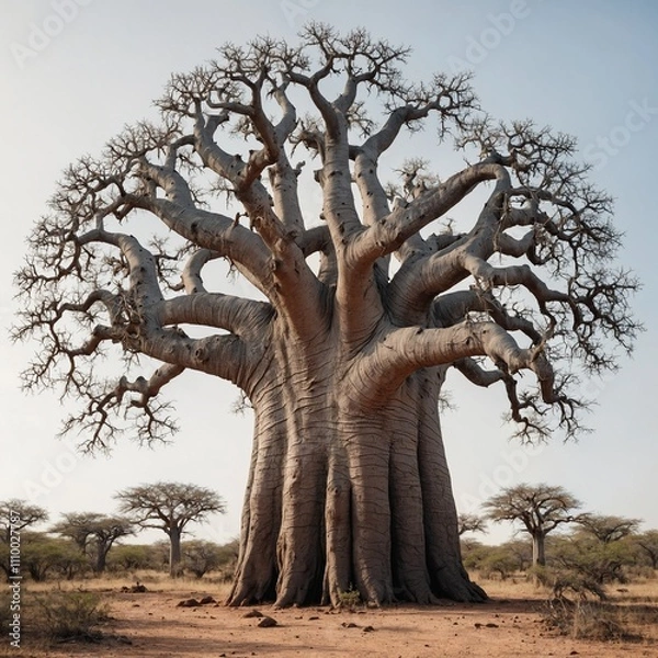 Fototapeta A baobab tree with a thick trunk and sparse leaves, drawn with intricate detail, on a white background.