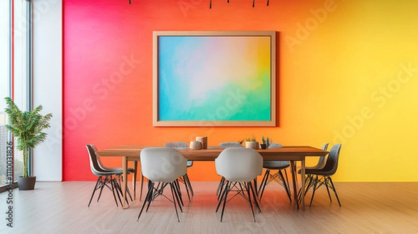 Fototapeta The modern dining room with various furniture, office space with frame and colorful furniture, vintage interior design living room with an empty mockup with a colorful painted frame on the wall.