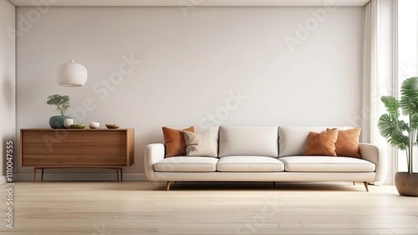 Fototapeta 3D depiction of a modern, mid-century, minimalist living room with a wood floor, white walls, and an empty space
