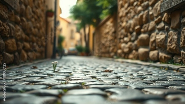 Fototapeta A cobblestone path lined by old stone walls with a small white flower growing in the cracks, leading to a street with a blurred background.