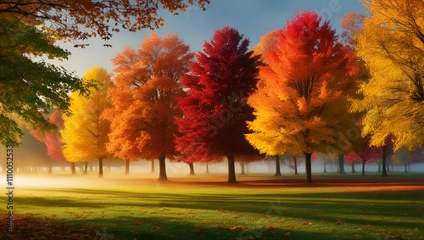 Fototapeta a serene autumn park scene with colorful leaves adorning the trees and gently falling to the ground, forming a vibrant seasonal background.