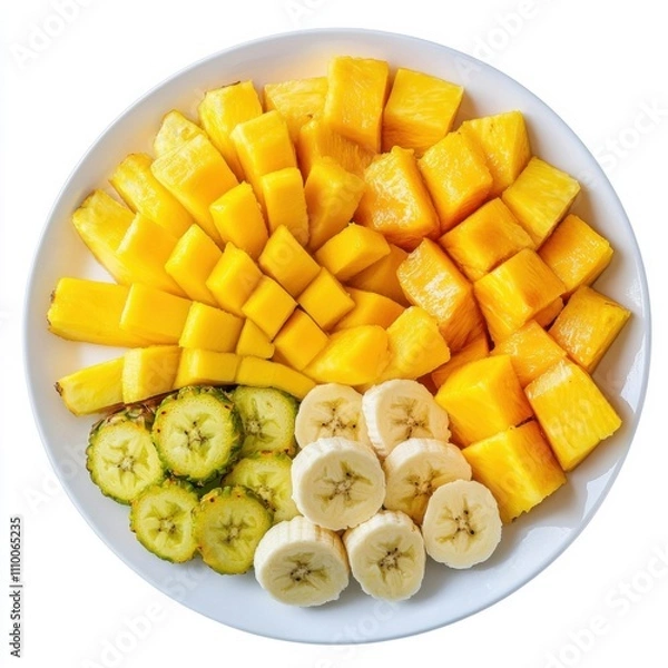 Fototapeta A tropical fruit platter with slices of mango, banana, and pineapple