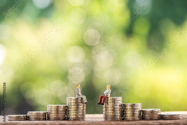 Obraz Two businessmen standing on the stack coins are negotiating for buy and sell or exchange purchase the money put on the wood in the public park, Loan and investment for planning concept.