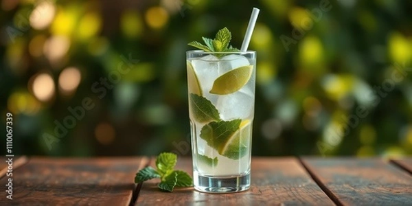 Fototapeta Refreshing Lime and Mint Beverage in Tall Glass on Wooden Tabletop with a Blurred Green Background