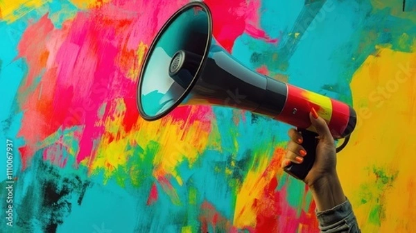 Obraz A Hand Holding a Megaphone in Front of a Colorful Background
