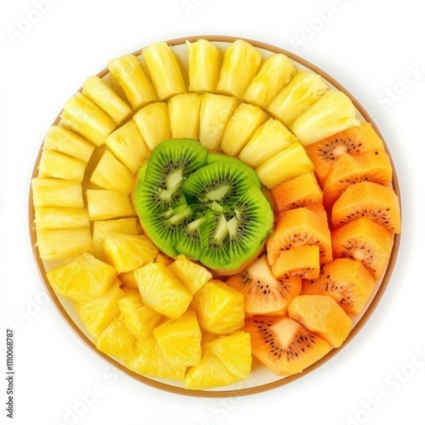 Fototapeta A tropical fruit platter with slices of mango, pineapple, and papaya