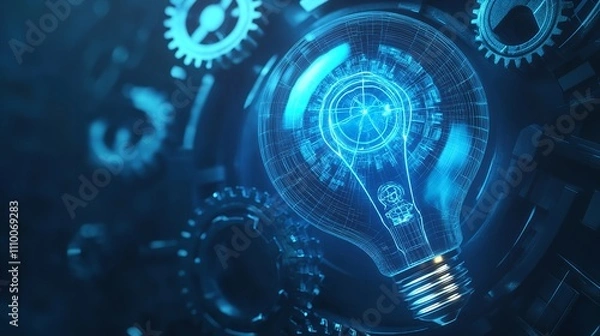 Obraz  Abstract Blue Light Bulb and Cog Wheels. Creative Thinking Concept