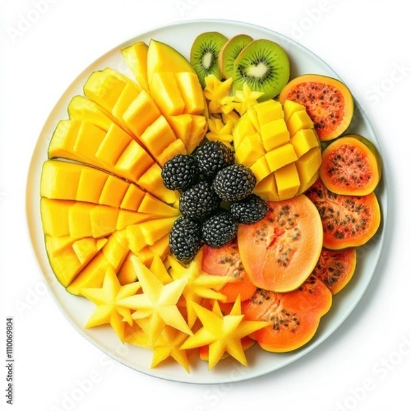 Fototapeta A tropical fruit platter with slices of papaya, starfruit, and mango