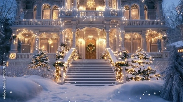 Fototapeta A stately Victorian home with white and gold Christmas lights, a front porch decorated for the season, and snow-covered steps leading to the front door.