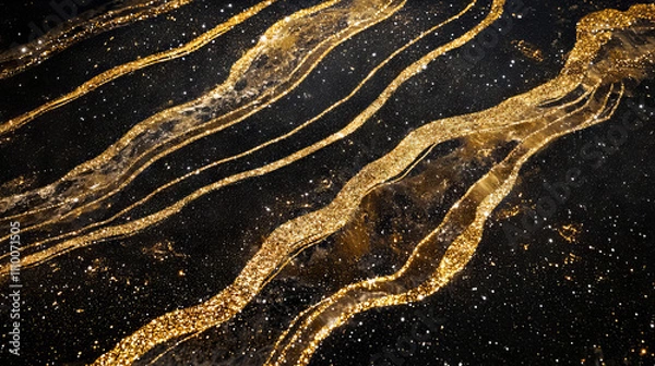 Fototapeta Gold dust glitter sparkle wave texture on the black background. Shimmer texture.