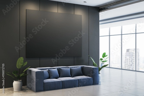 Fototapeta Modern waiting area with sofa, blank black poster, and potted plants in an office interior. 3D Rendering
