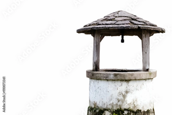 Fototapeta A rustic stone well with a wooden roof, often used for water collection.