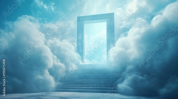 Fototapeta Hyperrealistic Bright Heaven Gate Surrounded by Clouds and Stairway to a Dreamlike Realm