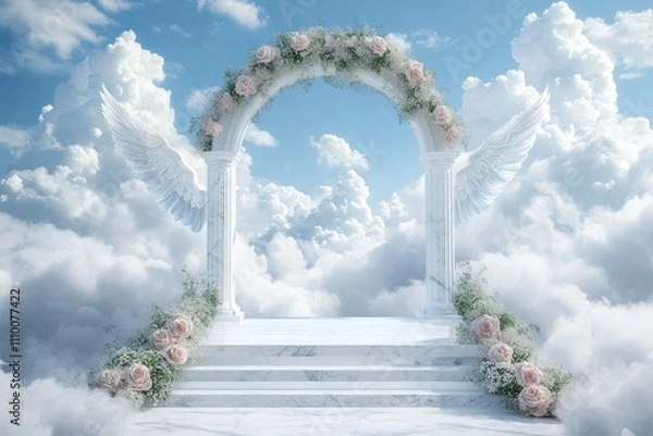 Obraz Ethereal Marble Arch with Angelic Wings Surrounded by Fluffy Clouds and Floral Accents in Blue Sky