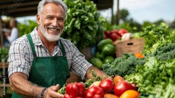 Fototapeta cheerful vendor in a green apron showcases a variety of fresh vegetables and fruits at a vibrant local market, surrounded by lush greenery and colorful produce under a clear sky