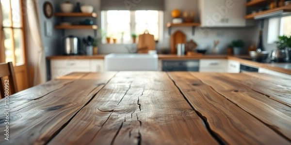 Fototapeta A rustic wooden table with a blurred kitchen background, perfect for showcasing food, drinks, or other products.