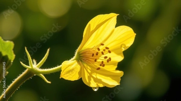 Fototapeta A Single Golden Flower with a Dewdrop Hanging From Its Petal, Captured in Soft Focus Against a Green Background