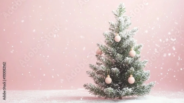 Fototapeta A minimalist tree with wooden ornaments and white lights, set against a pastel pink background with subtle glittering snowflakes.