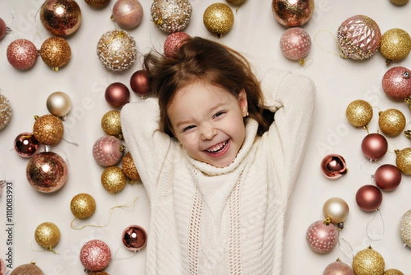 Fototapeta A little girl is lying on her back and laughing. Top view, portrait. Christmas balls on the background. Christmas. New Year.