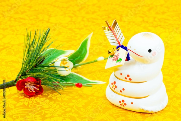 Fototapeta 写真素材:令和7年･2025年の干支は巳(み)(蛇)巳年の年賀状素材（和､和紙､千代紙､お正月小物等）