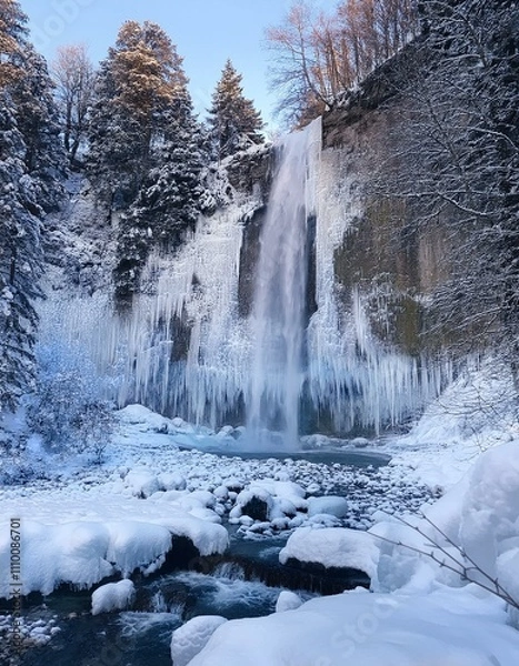 Fototapeta 凍った滝の下、雪が降り積もる静寂な冬の景色
