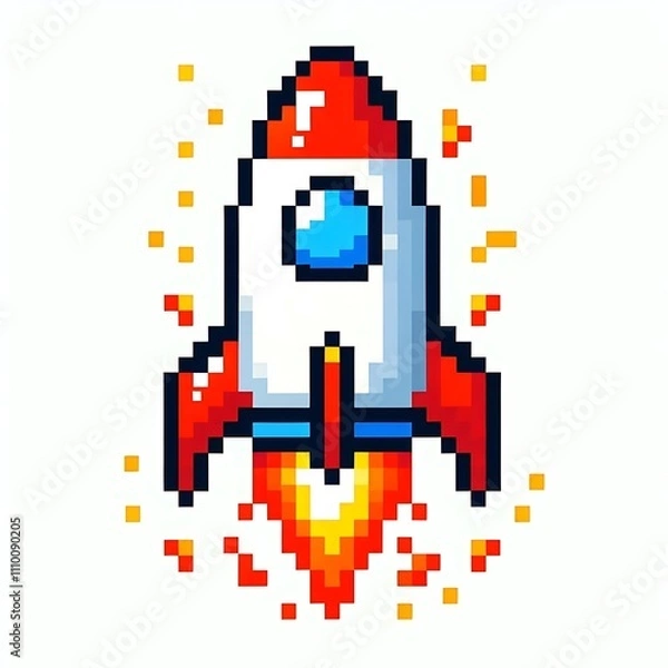 Fototapeta Pixel art rocket launching with flames.