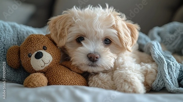 Fototapeta A cute puppy snuggles with a teddy bear under a cozy blanket, exuding warmth and comfort.