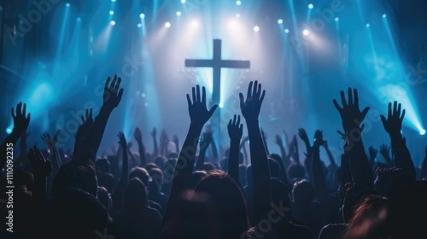 Obraz Crowd raising hands during worship service