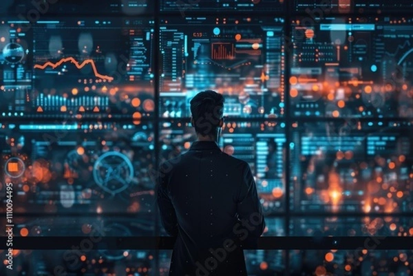 Fototapeta Man looking at cityscape through digital interface