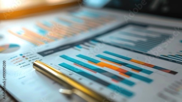 Fototapeta Close up of data graphs and charts on a desk