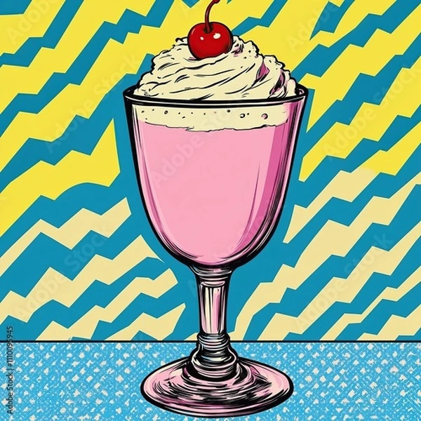 Fototapeta Delicious strawberry milkshake in a retro pop art style, featuring whipped cream and a cherry on top. Vibrant colors and bold lines.