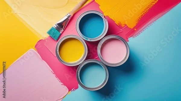 Obraz Colorful paint cans on geometric background