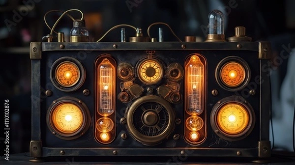 Obraz Steampunk Inspired Radio Featuring Intricate Brass Design With Glowing Dials and Vacuum Tubes on a Vintage Workbench