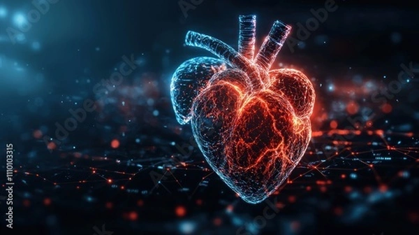 Fototapeta Abstract Digital Heart Model Depicting Connection Between Technology and Human Emotion in Vibrant Colors, Symbolizing Health and Innovation in the Modern Age