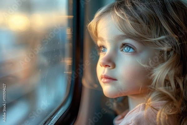 Fototapeta A little girl looks thoughtfully out the window