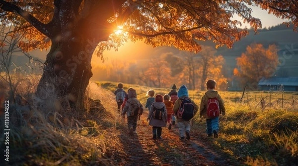 Fototapeta Children Hiking on a Sunny Forest Pathway with Backpacks at Sunset
