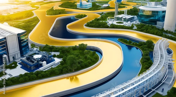 Fototapeta A futuristic landscape featuring winding waterways surrounded by greenery, modern buildings, and vibrant colors, conveying innovation and harmony with nature.