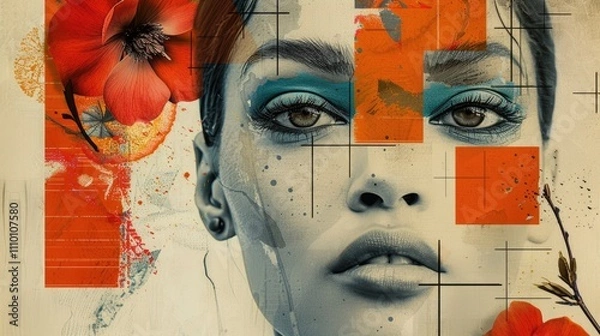 Fototapeta Modern Art Collage Featuring Woman's Face with Bold Makeup and Floral Element