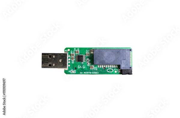 Fototapeta  A damaged usb SD card reader without it's shell against a white background.