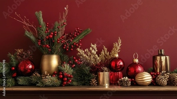 Obraz Festive Christmas decorations in red, gold, and natural tones displayed against a deep burgundy background, ready to adorn a holiday tree or home