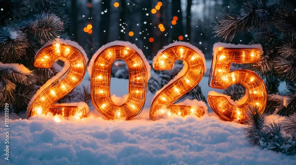 Obraz A snowy outdoor scene with large illuminated "2025" numbers in the foreground, surrounded by twinkling fairy lights and a backdrop of snowy pine trees. 