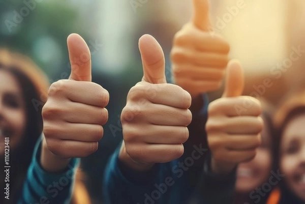 Obraz Positive gestures of approval with multiple hands giving thumbs up in a social setting, symbolizing joy, agreement, and encouragement among people enjoying their time together