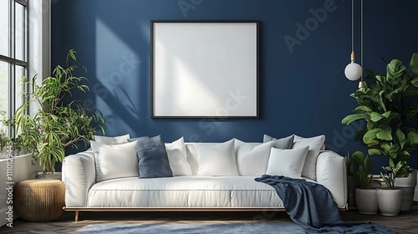 Fototapeta Minimalist dark navy wall with frame mockup in a modern living room, neutral decor