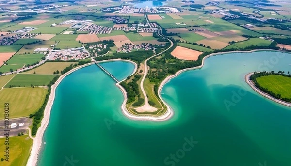 Fototapeta Aerial View of Serene Lake Peninsula and Rural Landscape. The waters color is striking against the greenery.