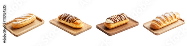 Fototapeta Éclair placed on a wooden tray, isolated on a white background. Collection PNG.