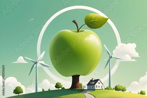 Fototapeta A green apple with a leaf contains eco-themed elements like buildings, trees, windmills, and a bicycle. Set against a light green background with clouds, it symbolizes sustainability and harmony.