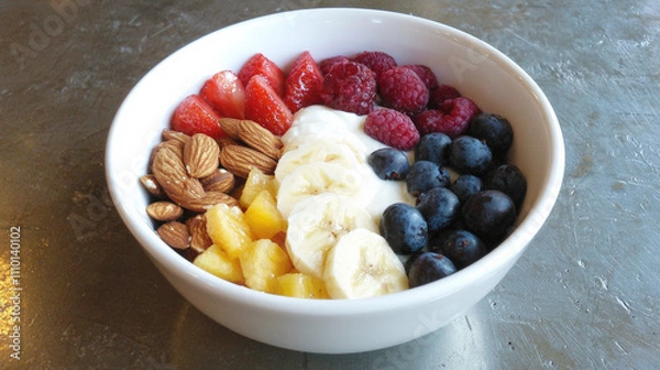Fototapeta bowl of Greek yogurt with fresh fruits and nuts on table
