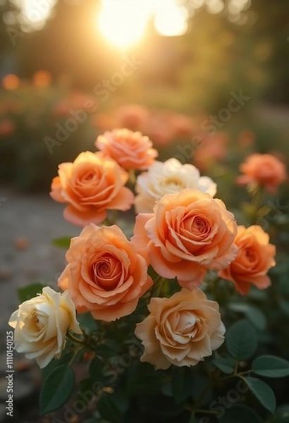 Obraz A close-up of several orange and white roses with blurred background